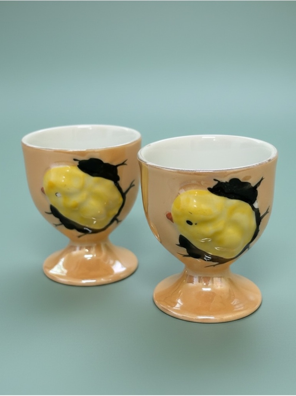 Vintage 1940s Footed Lustre Ware Chick Hatching Egg Cup Set of 2